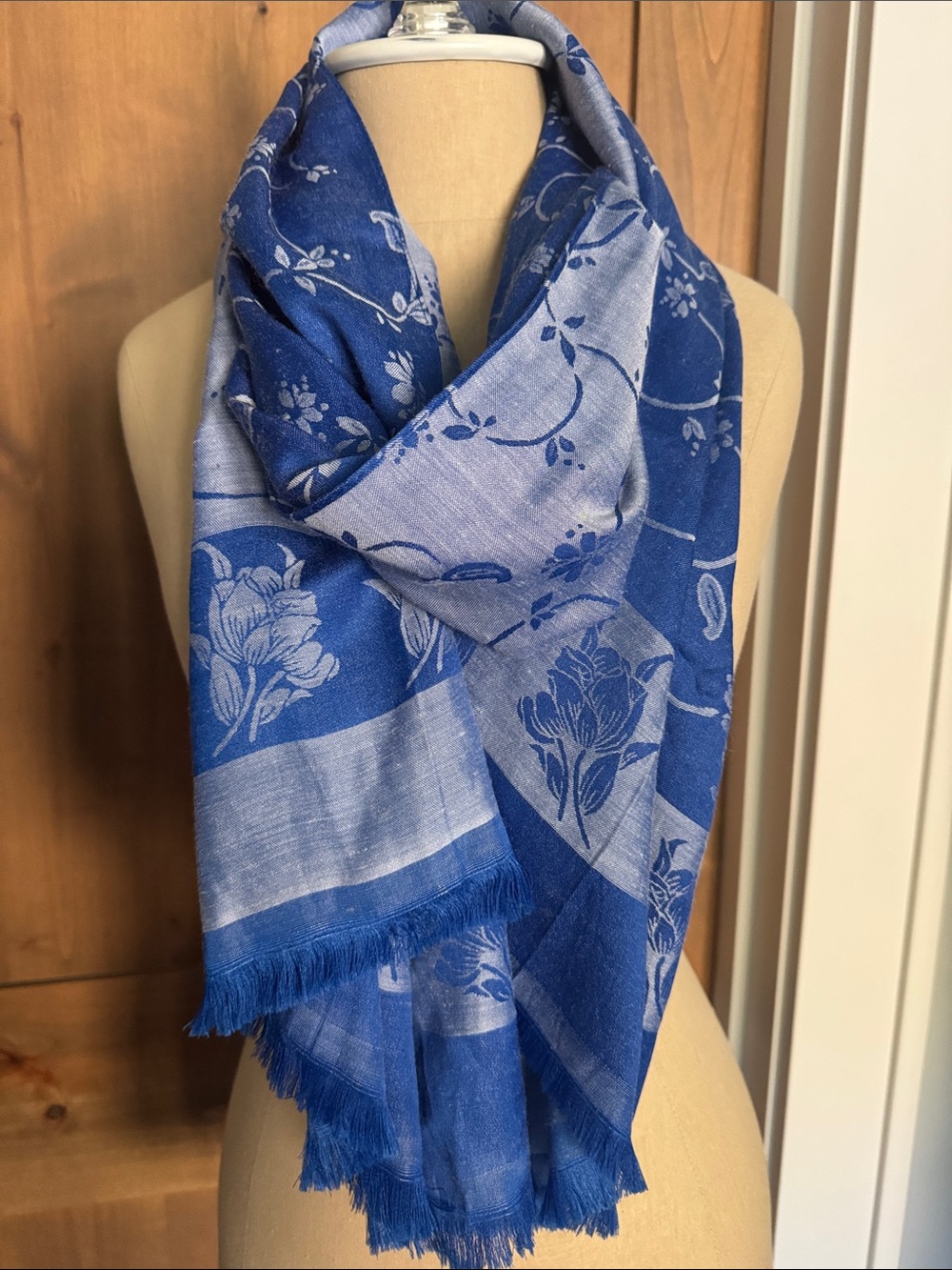 Blue /Silver 100% Silk Scarf Womens OS 72’ X 21’ Floral reversible Fringe edge